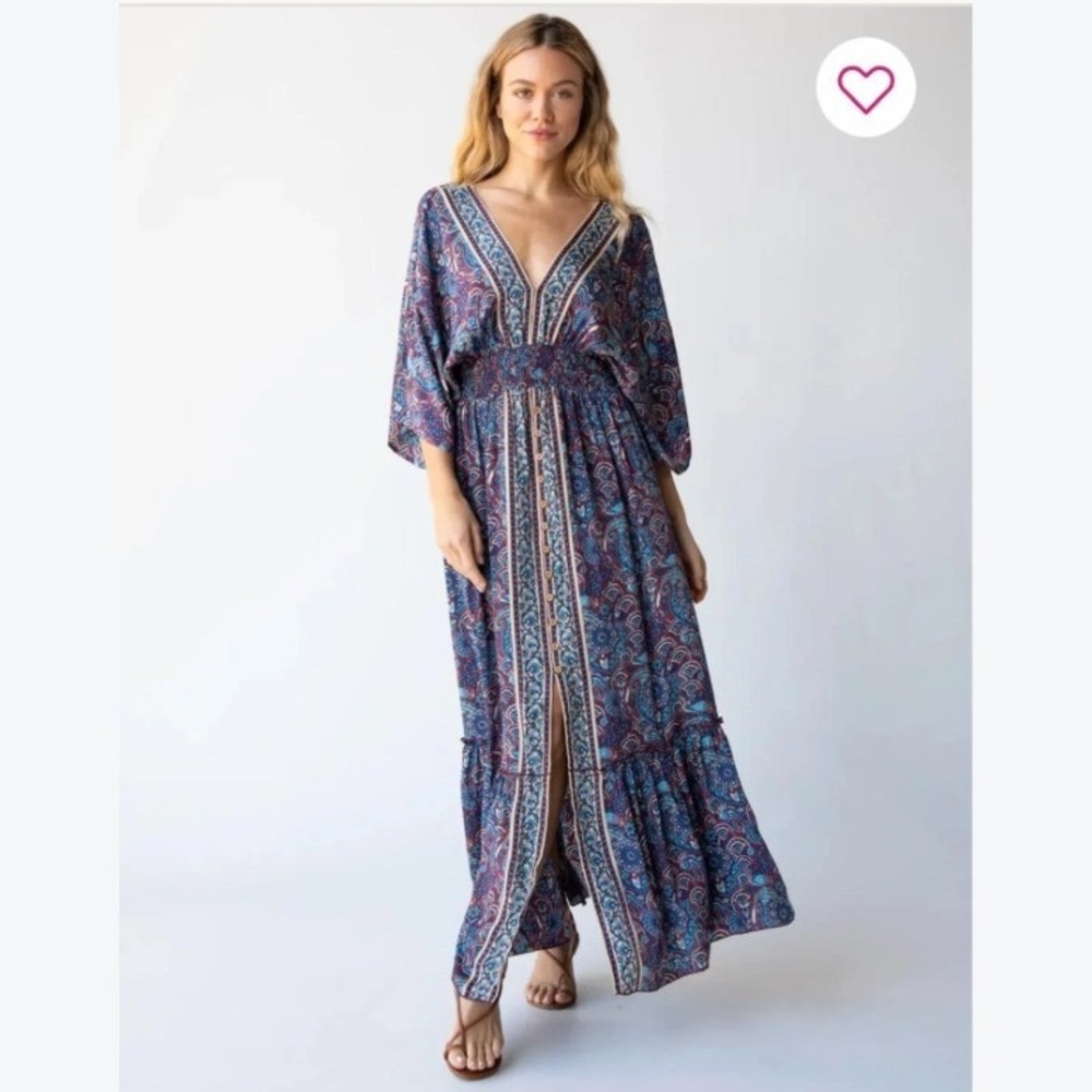 Natural Life Celia Maxi Dress XS Paisley Boho Smocked Kimono Sleeve Blue Red